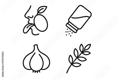 Taste and seasoning icons set with face smelling fruit, spice shaker, garlic bulb, and herb branch outline cooking symbols for food flavoring and cuisine concept