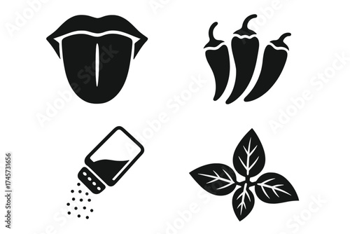 Taste and seasoning icons set. Tongue taste sensation, chili peppers spicy flavor, salt shaker seasoning, fresh herb leaves. Food seasoning flavors and taste senses vector collection