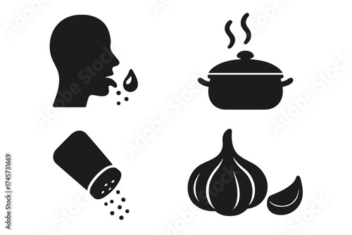 Vector illustration of taste and cooking signs set with human tasting, steaming pot, salt shaker, and garlic icons for culinary design and food preparation