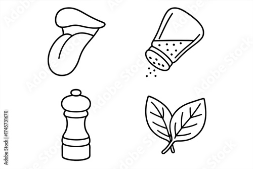 Taste and seasoning concept line icons. Tongue, salt shaker, pepper mill, and fresh mint leaves. Culinary flavor, spice, herbs, seasoning kitchen symbols, food taste illustration