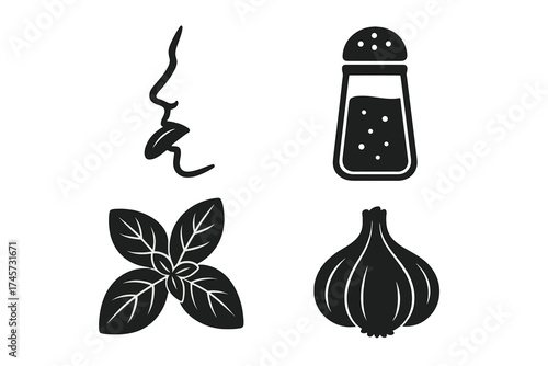 Vector set of taste and seasoning icons, including salty taste profile, salt shaker, aromatic basil leaves, and garlic bulb illustration for culinary and food design