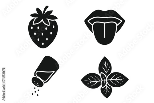 Vector icons of taste and seasoning symbols including strawberry fruit, lips with tongue out, salt shaker pouring, and fresh herb leaves, food flavoring concepts