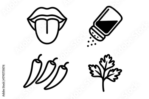 Vector illustration of taste and seasoning icons with tongue, salt shaker, chili peppers, and fresh parsley leaf for cooking and food flavor concepts