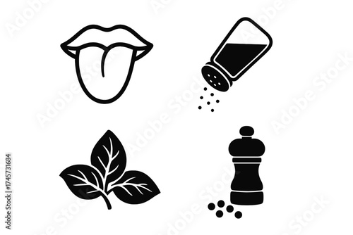 Vector illustration of taste senses and seasoning symbols with mouth tongue, salt shaker, pepper grinder, and fresh basil leaves icons for cooking and flavor concepts