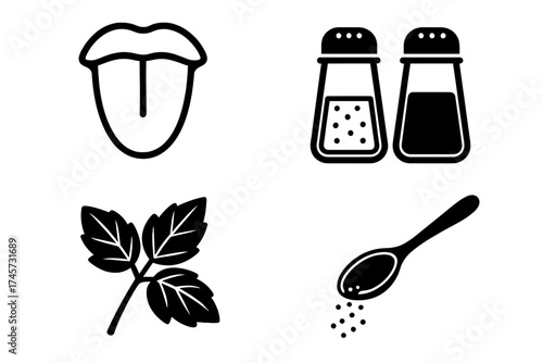 Taste and seasoning vector icons set with tongue, salt and pepper shakers, basil leaves, and spoon with spices for cooking and flavor concepts