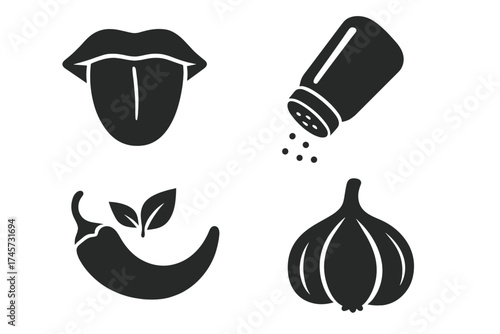Taste and seasoning icons set. Vector illustration of mouth with tongue, chili pepper, salt shaker, and garlic. Spices, flavors, herbs, cooking ingredients, and food condiment symbols.