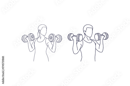 Line Art Depiction of a Woman and a Man Lifting Dumbbells Simultaneously in a Weight Training or Exercise Routine