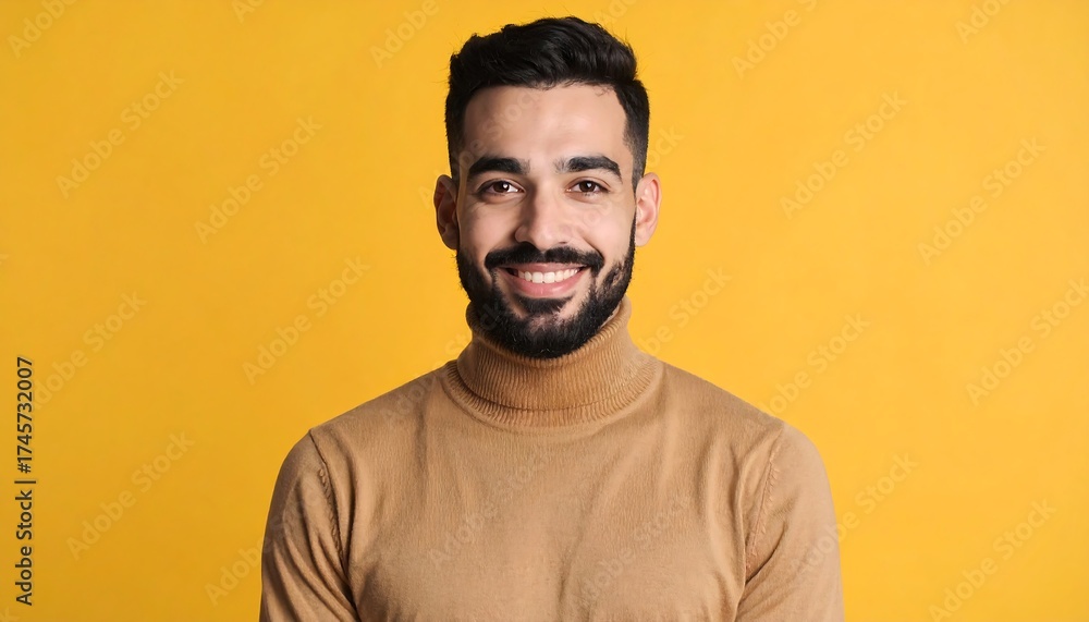 Obraz premium Portrait of a smiling, bearded man on yellow background