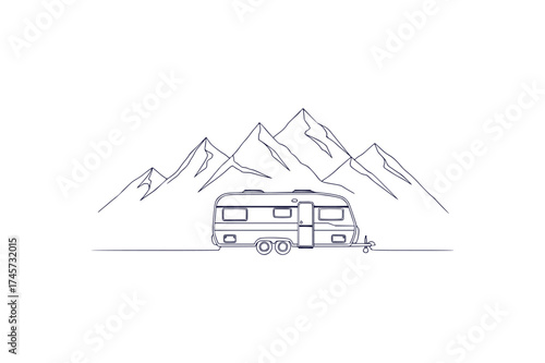 Minimalist Line Art of a Caravan in the Mountains Depicts Adventure and Freedom with Clean Aesthetic Simplicity