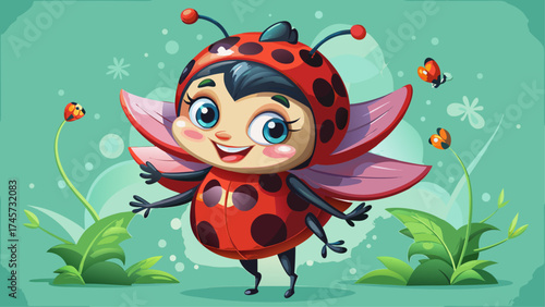 Very beautiful  Endearing Ladybug Character with Exaggerated Features in Playful Poses