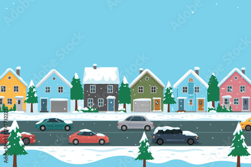 Winter Scene Homes, Cars, and Snowfall in a Charming Suburban Neighborhood