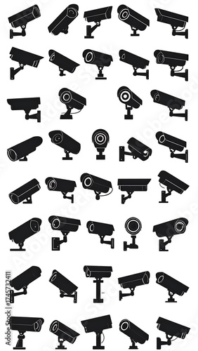 Surveillance cameras, various models, black silhouettes