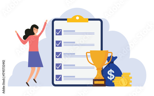 Woman celebrating success stands beside large checklist, trophy and money, symbolizing achievement and planning.