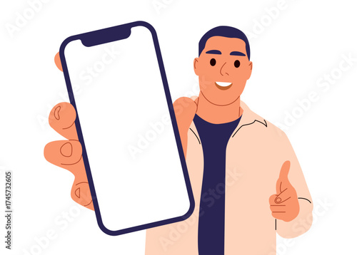 Cute young male character holding smart phone and showing.Handsome young man presentation of mobile phone
