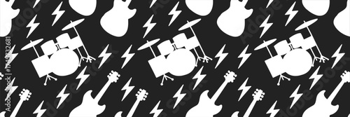 Bold seamless rock music pattern featuring electric guitars, drum sets, and lightning bolts on a dark background, ideal for fabric prints, wallpapers, posters, and edgy graphic designs.