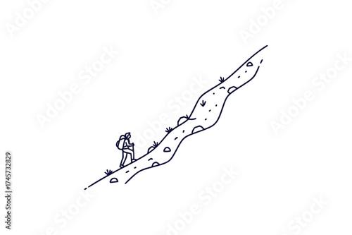 A Line Art Hiker Ascending a Mountain Trail with Sparse Vegetation and Minimalist Design Aesthetics Portraying Natural Outdoor Adventure