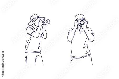 Line Art Capturing Photography Enthusiasts Continuous Line Style Depicting Two Photographers Taking Pictures with Cameras in a Minimalist Composition