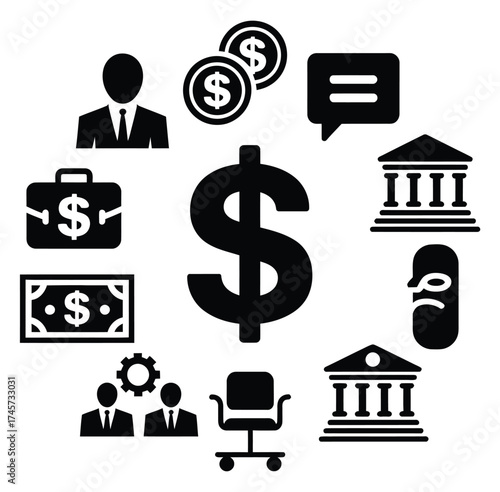 Financial Business and Banking Icons with Money and Court Symbols
