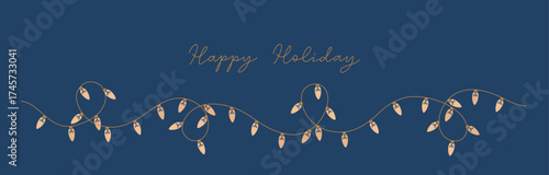 Thin line gold string festive Christmas light garland on blue background for banner, card. Retro minimalist vector holiday lightbulbs