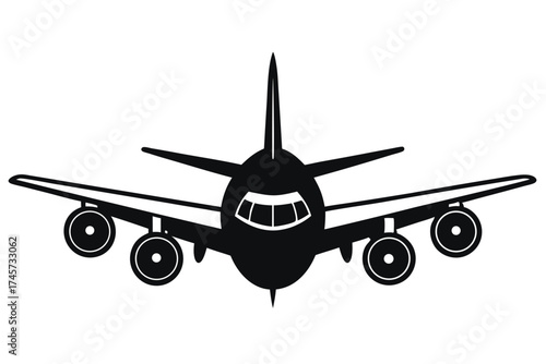 Airplane Icon Silhouette Four Engine Jet with Visible Cabin Windows and Landing Gear Wheels