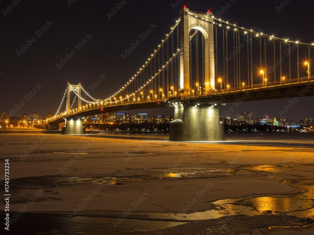 Fototapeta premium A beautifully lit suspension bridge spans a frozen river at night, with city lights in the distance and a dark, starry sky above.