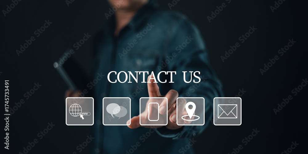 Fototapeta premium businessman touch with virtual contact icons including phone,email,chat,location,and web links under the text CONTACT US, symbolizing communication, customer service support,and digital connectivity.