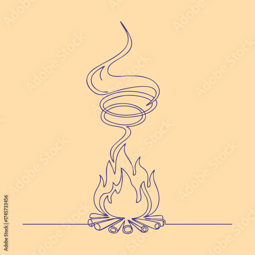 Minimalist line art depicting a campfire with swirling smoke rising above, set against a soft beige