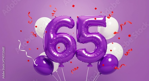 Purple 65th birthday balloons with confetti on a purple background  