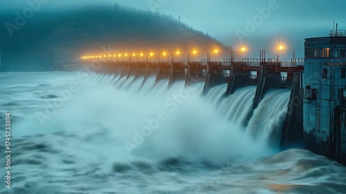 Powerful dam gates releasing vast water, creating mist, illuminated by glowing golden lights