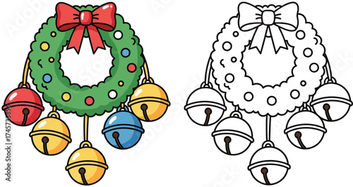 Festive Christmas Wreath with Colorful Jingle Bells and Red Bow - Holiday Decoration for Coloring and Design