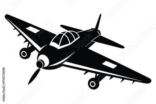 Black Silhouette of a Fighter Plane with Propeller and Extended Landing Gear
