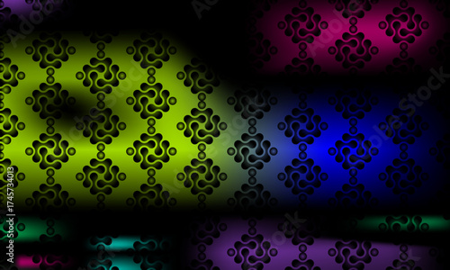 Vector art of abstract pattern with glowing neon colors and reflections