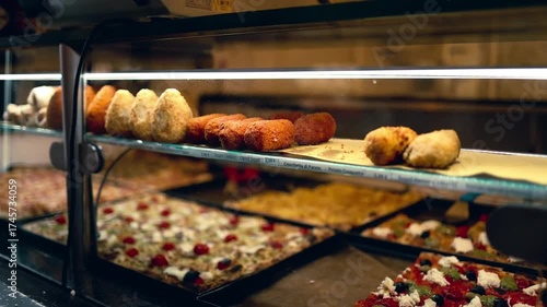 Delicious assortment of Italian street food, arancini, and freshly baked pizza slices on display in a cozy bakery in Rome. Warm lighting highlights the textures and colors of authentic Mediterranean