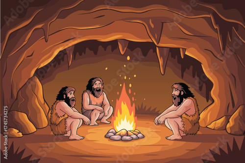 Prehistoric Cavemen Gather Around Fire in Dark Cave – Vector Illustration Depicting Early Human Life, Survival, and Ancient Community Sharing Warmth and Light