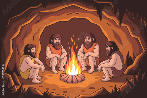 Prehistoric Cavemen Gather Around Fire in Dark Cave – Vector Illustration Depicting Early Human Life, Survival, and Ancient Community Sharing Warmth and Light