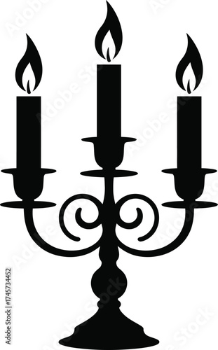 Elegant black candelabra with three lit candles on transparent background silhouette