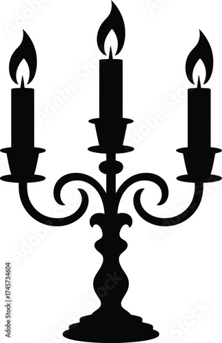 Elegant black candelabra with three flames on transparent background silhouette