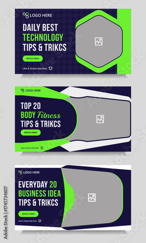 Video thumbnail set body fitness new idea tips and tricks video cover banner design, workout plan video thumbnail banner design, editable vector eps 10 file format