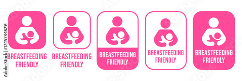 Breastfeeding icon set. Breastfeeding Friendly label. Baby care symbol. Mother and baby icons. Breastfeeding logo, badge, symbol, black, line, flat vector, isolated illustration.