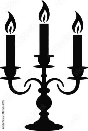 Elegant black candelabra with three lit candles on transparent background silhouette