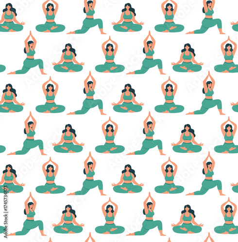 Seamless pattern with body positive women doing yoga. Background of plus size sporty girls