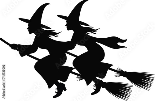 Two witches flying on broomsticks with hats a spooky halloween image on transparent background silhouette