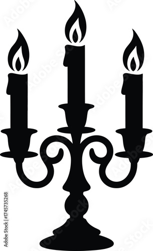 Elegant black candelabra with three flames on transparent background silhouette