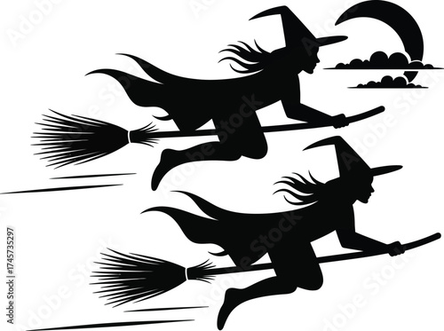 Two witches on broomsticks flying across a moonlit sky on transparent background silhouette