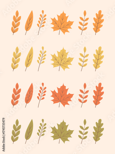 Set of autumn leaves of different colors. Flat vector illustration