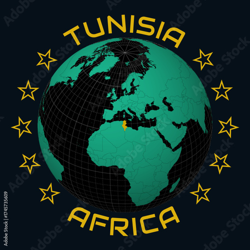 Tunisia on Globe. Round country and continent name text. Country view on world map in Black Emerald color palette. Tunisia shape on map. Alive vector illustration.