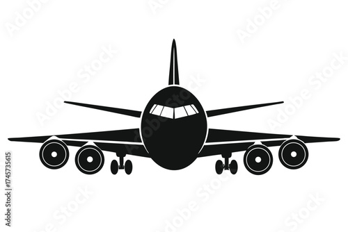 Isolated Silhouette of Jet Airplane with Visible Landing Gear in Full Frontal View
