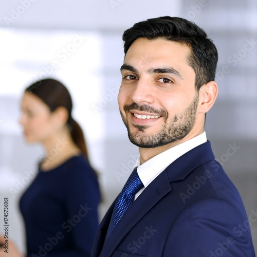 Portrait of a smiling man in a suit, colleague in background
