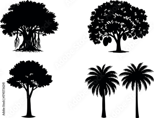 Silhouette set of tropical and deciduous trees including banyan, jackfruit, palm, and forest tree icons for nature design