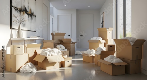 Moving into a new home excitement with cardboard boxes filled with belongings in a bright modern house, starting fresh and making memories